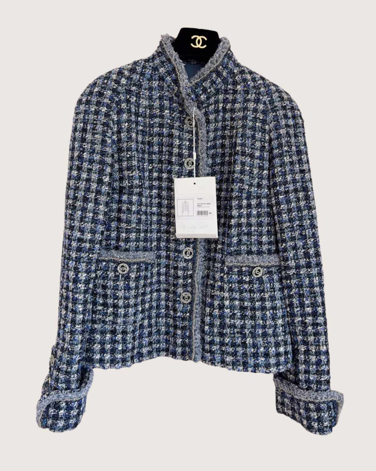 Chanel 20P Tweed Stand-Collar Jacket Blue, Black, Multicolor FR 34