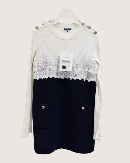Chanel 20K Two-Tone Wool Mini Dress White, Navy FR 34