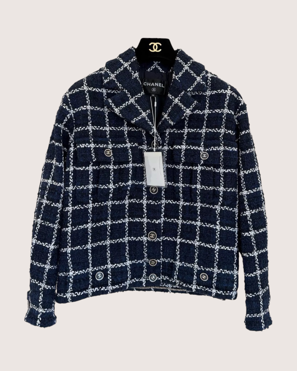Chanel 24P Windowpane Tweed Jacket Navy, Beige/Ecru FR 40