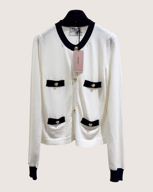 Miu Miu Cashmere Colorblock Cardigan White, Black IT 42