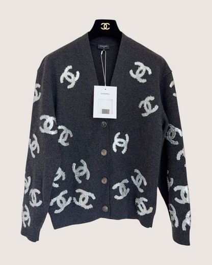 Chanel 22A CC Cashmere Cardigan Black, Silver FR 34