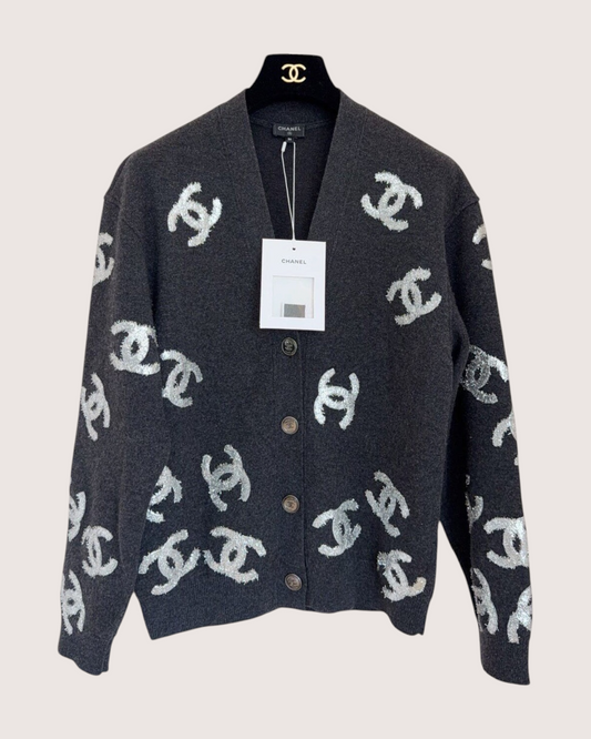 Chanel 22A CC Cashmere Cardigan Black, Silver FR 34