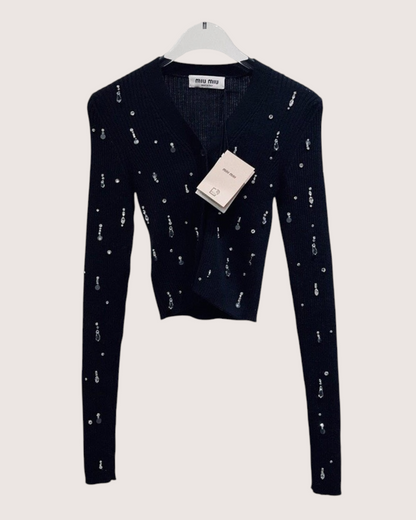 Miu Miu Crystal-Embellished Cropped Cardigan Black