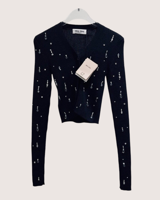Miu Miu Crystal-Embellished Cropped Cardigan Black