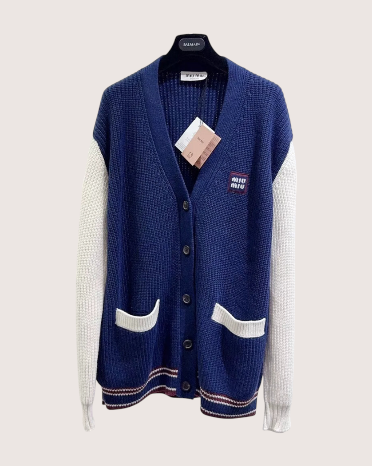 Miu Miu Logo Colorblock Cashmere Cardigan Navy, White FR 36