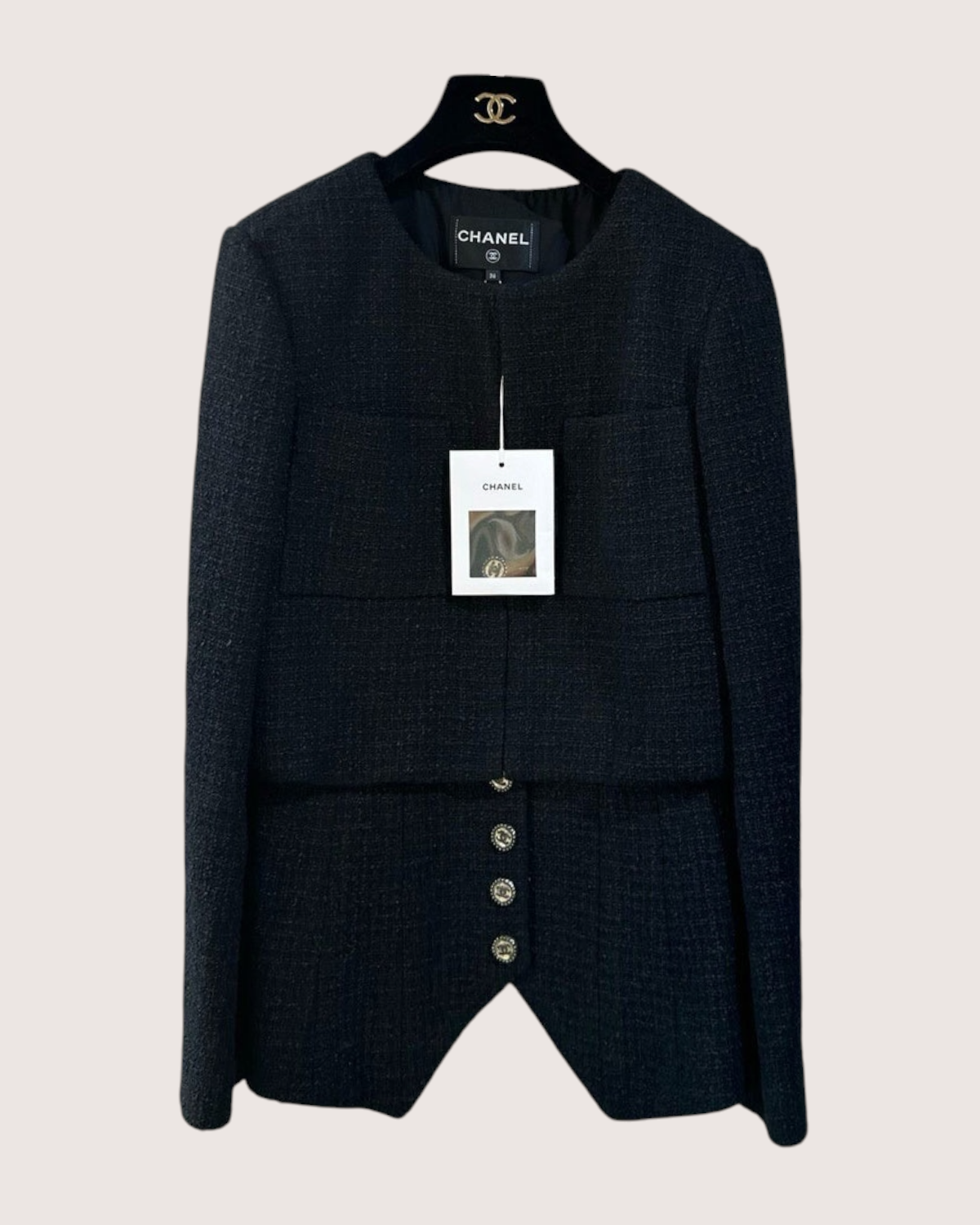 Chanel 22C Tweed Peplum Jacket Black FR 36
