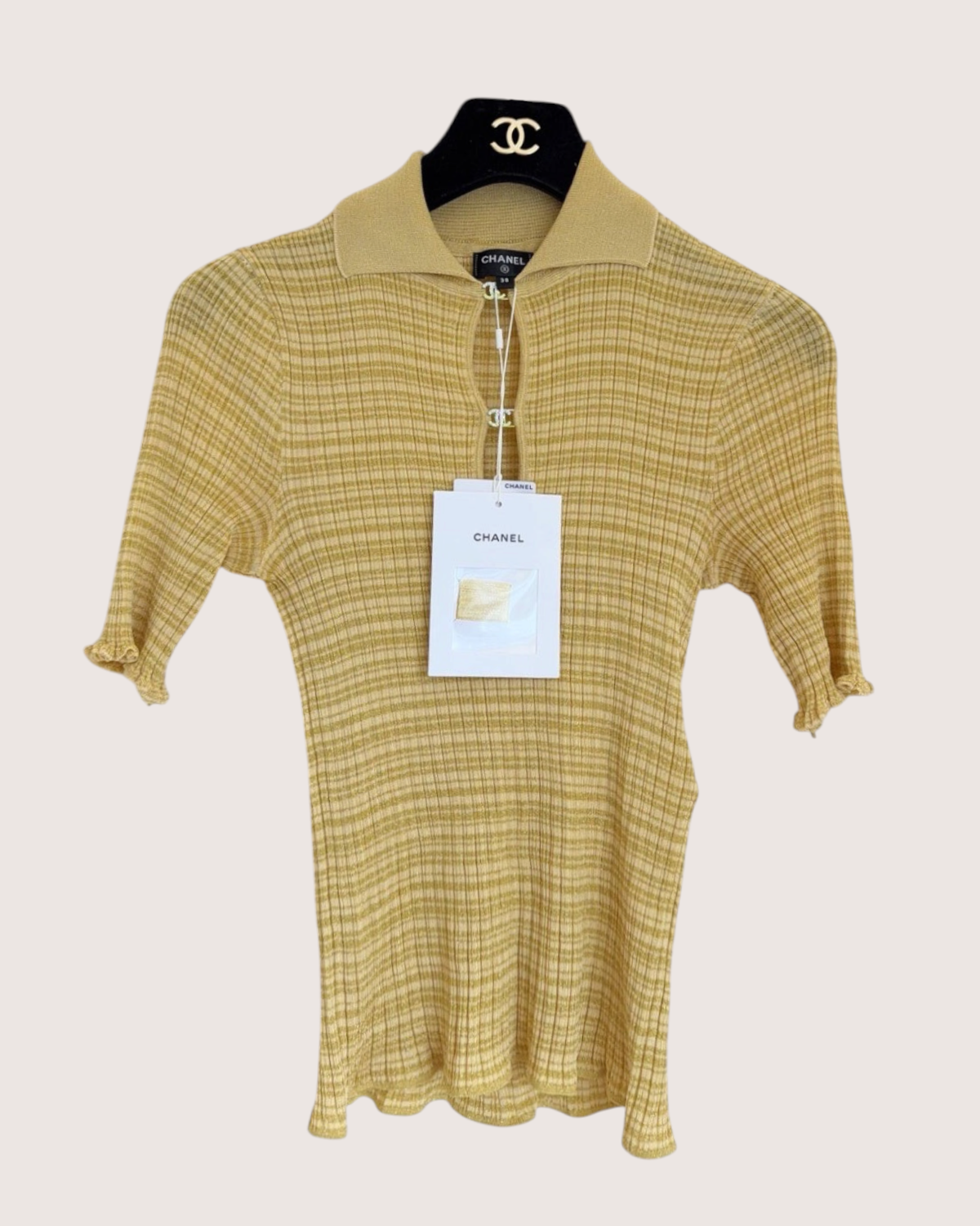 Chanel 22P Crystal CC Collared Top Yellow, Gold FR 38