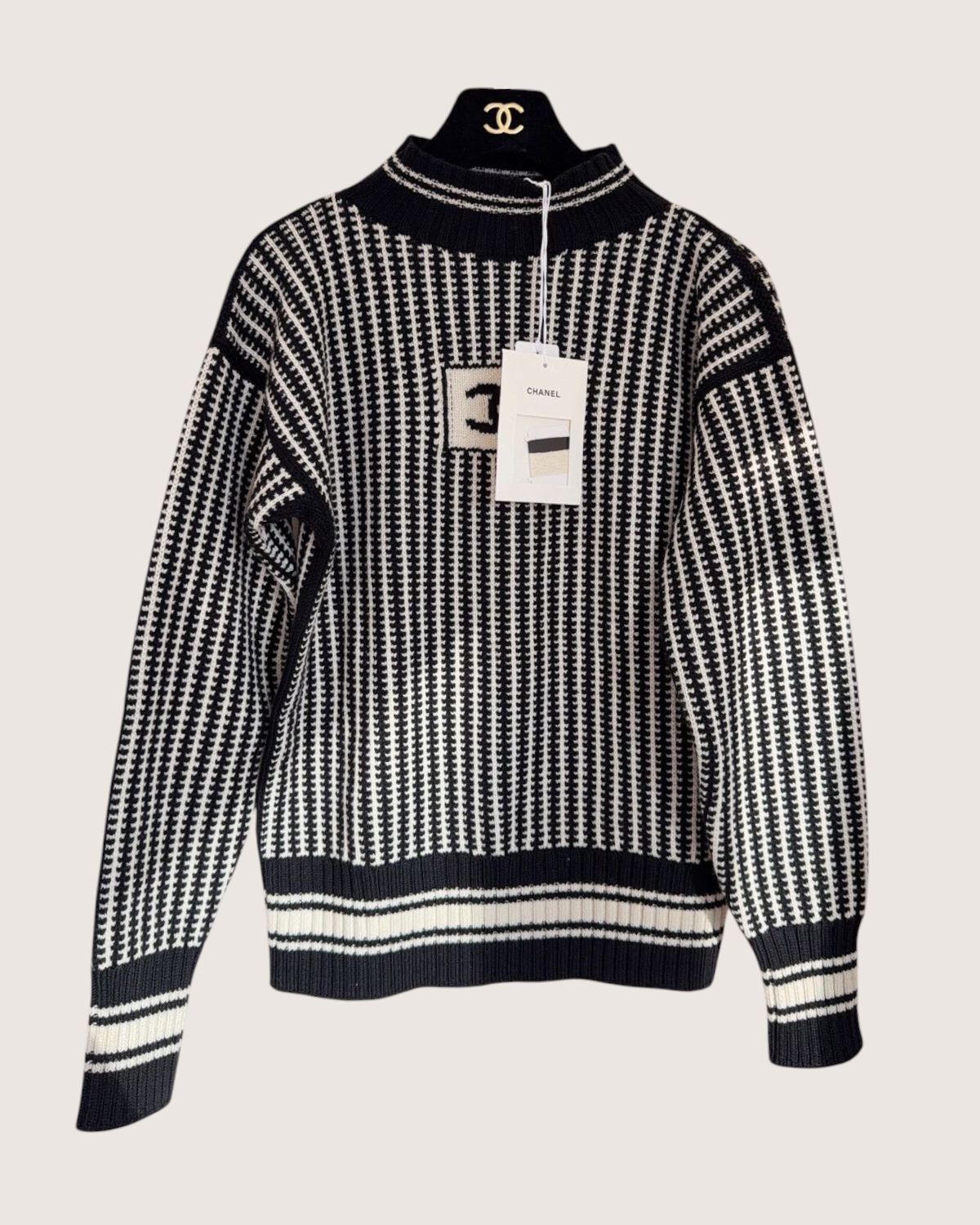 Chanel 26N Coco Neige Wool Striped Sweater Black, Beige/Ecru FR 34