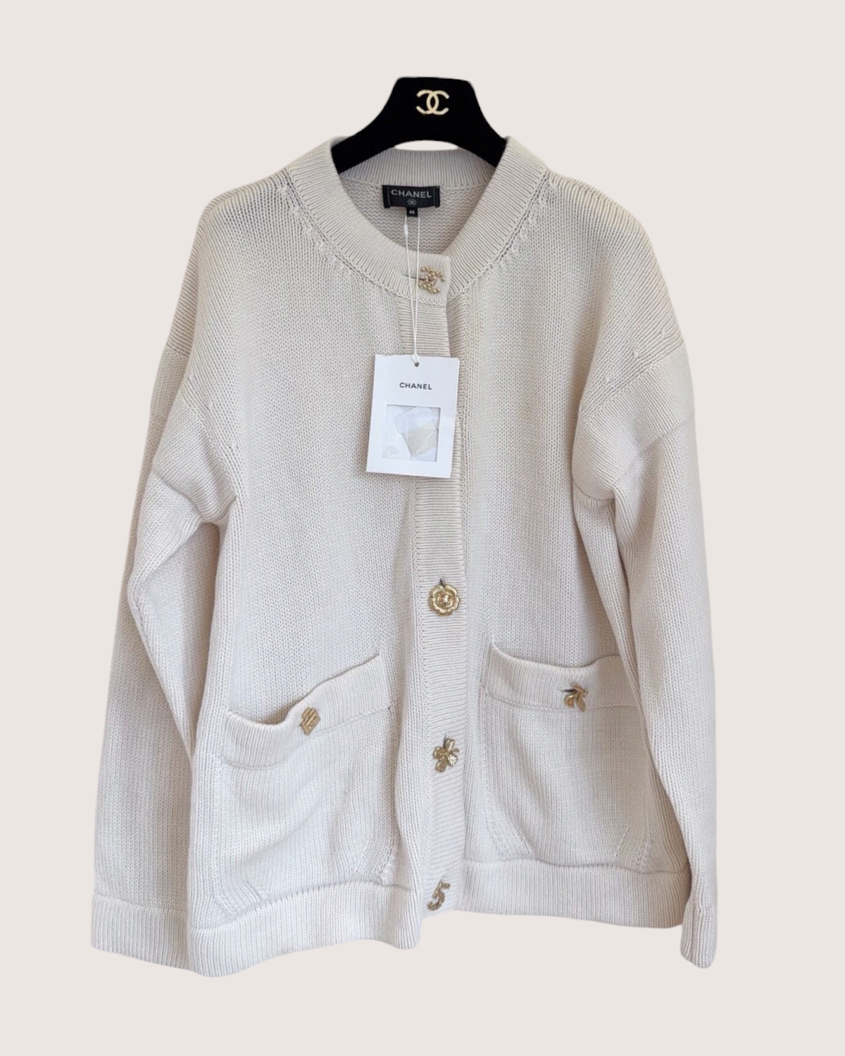 Chanel 22B Cashmere Oversized Patch-Pocket Cardigan Beige/Ecru FR 40