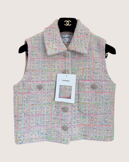 Chanel 24C Collared Check Tweed Vest Pink, Green, Blue, Multicolor FR 38