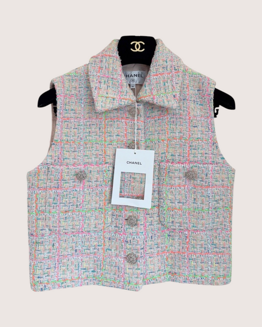 Chanel 24C Collared Check Tweed Vest Pink, Green, Blue, Multicolor FR 38