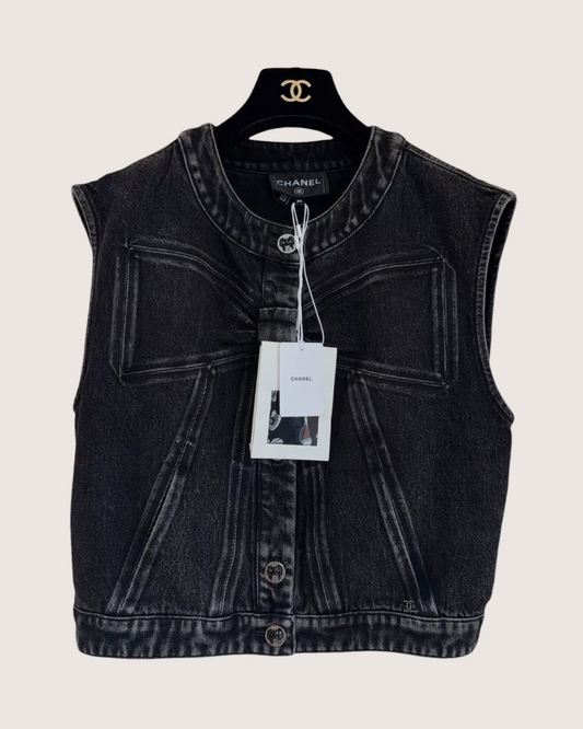 Chanel 25K Cropped Denim Vest Black, Grey FR 34