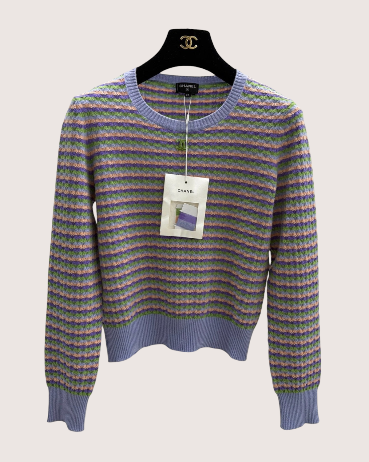 Chanel 24A Striped Cashmere Sweater Blue, Purple, Green, Multicolor FR 34