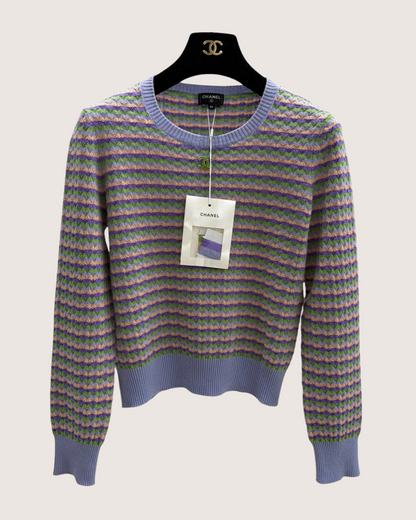 Chanel 24A Striped Cashmere Sweater Blue, Purple, Green, Multicolor FR 34