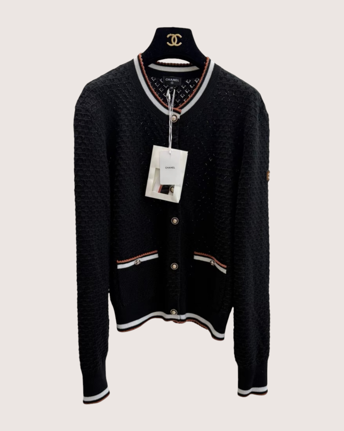 Chanel 26C Pointelle-Knit Cardigan Black, White, Orange FR 40