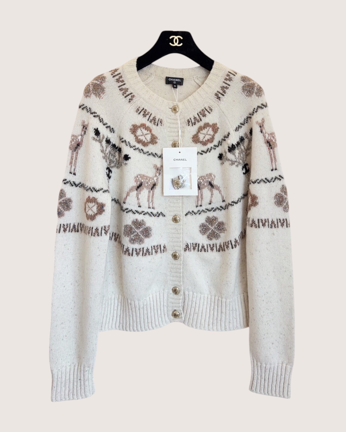 Chanel 25N Coco Neige Cashmere Deer Cardigan Beige/Ecru, Brown FR 36