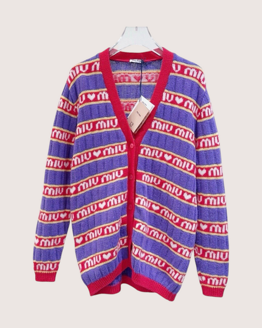 Miu Miu Wool Striped Logo Cardigan Purple, Red, White, Multicolor IT 36