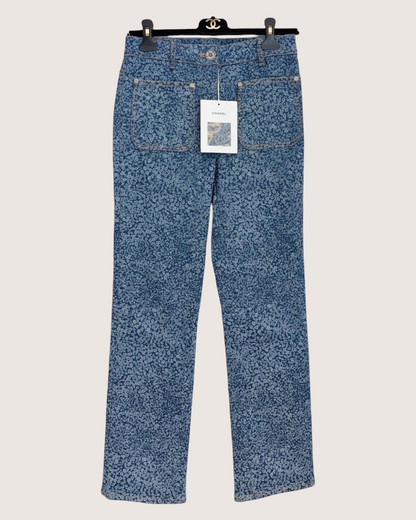 Chanel 21B Camellia Straight Denim Jeans Blue, White FR 36