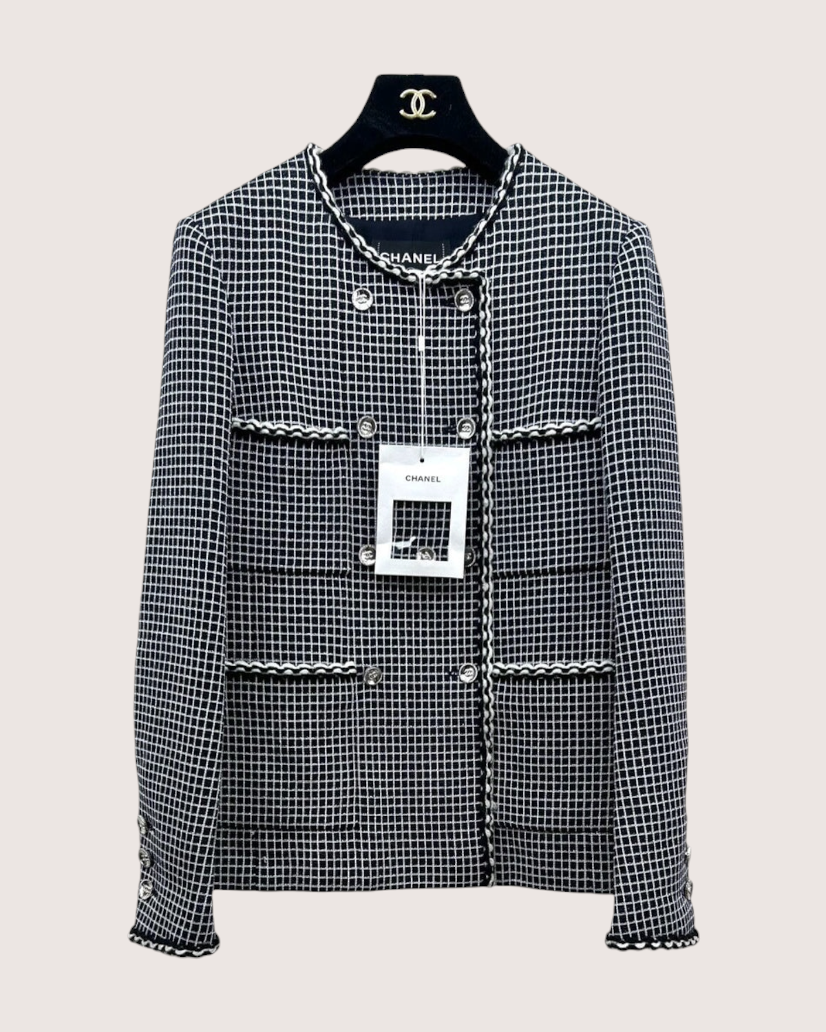 Chanel 25C Tweed Plaid Double-Breasted Jacket Black, White FR 34