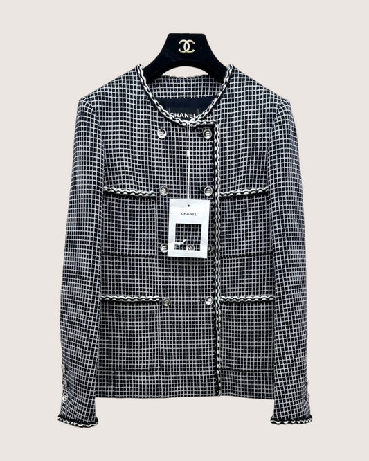 Chanel 25C Tweed Plaid Double-Breasted Jacket Black, White FR 34