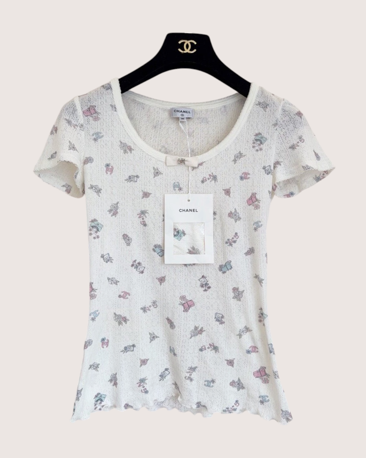 Chanel 24N Coco Neige Floral Openwork Bow Short-Sleeve Top White, Pink, Blue, Multicolor FR 36
