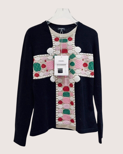 Chanel 20K Cashmere Embellished Cross Sweater Black, Pink, Multicolor FR 36