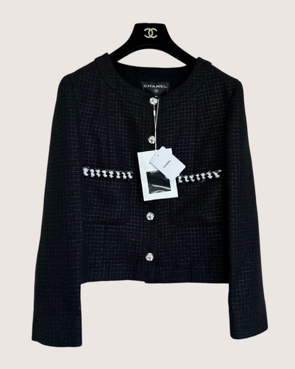 Chanel 24P Checked Tweed Jacket Black, Silver, White FR 38