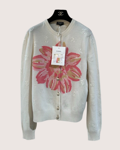 Chanel 24S Cashmere Floral Cardigan Beige/Ecru, Pink FR 34