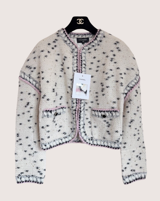 Chanel 21A Cashmere Dotted Cardigan Beige/Ecru, Black, Pink FR 34