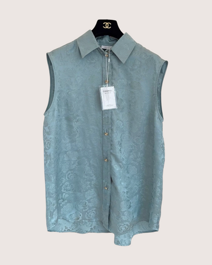 Chanel 25A Camellia Pattern Sleeveless Shirt Green, Blue FR 34