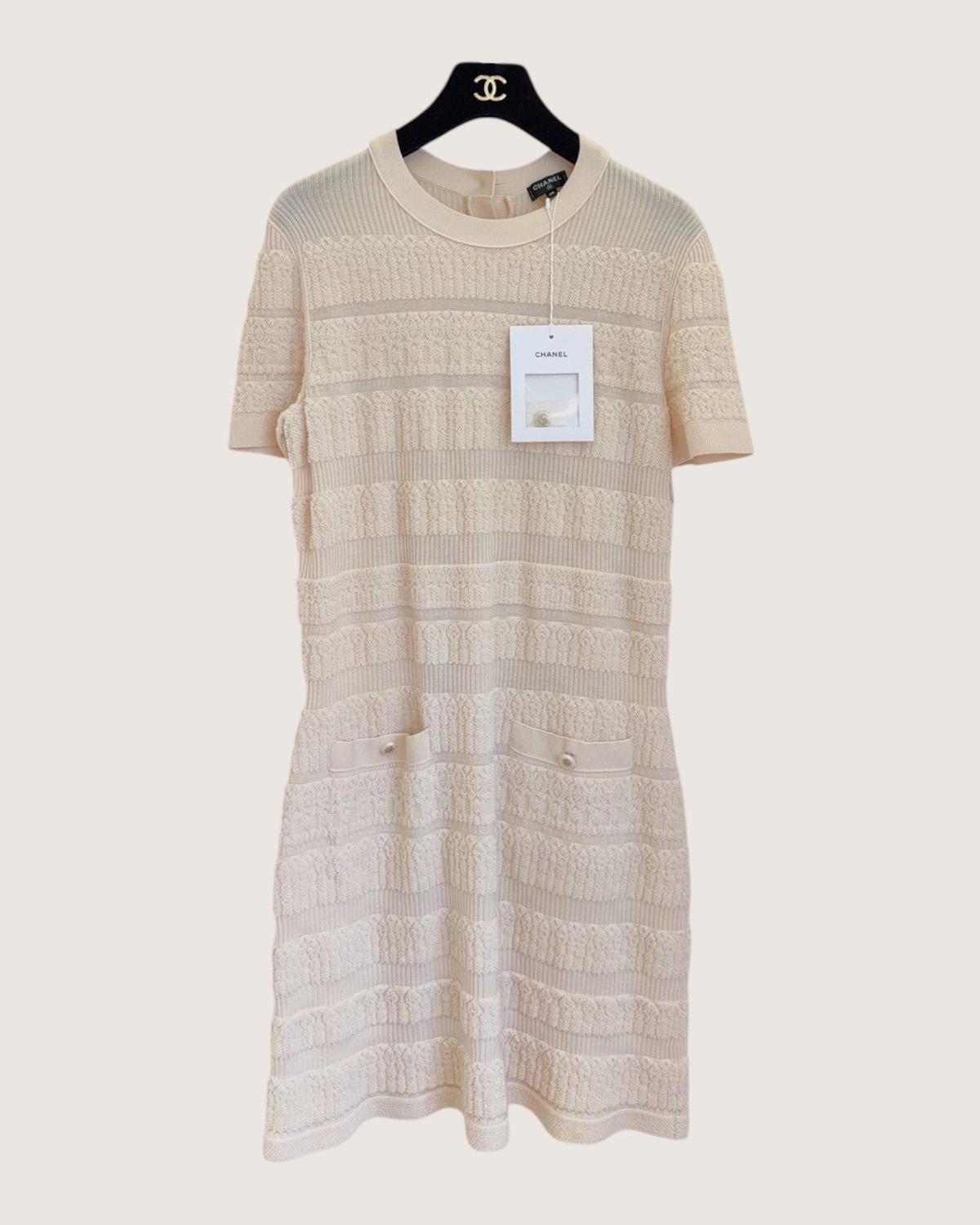 Chanel 21C Wool Textured Stripe Mini Dress Beige/Ecru FR 38