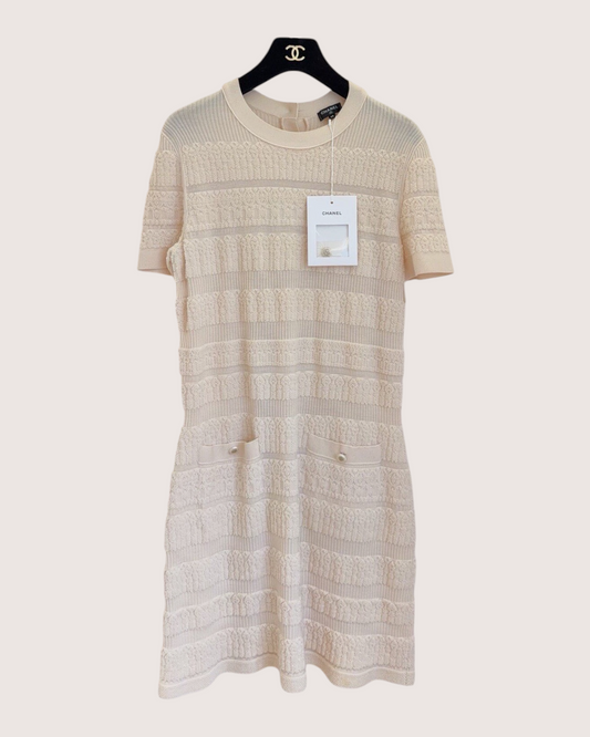 Chanel 21C Wool Textured Stripe Mini Dress Beige/Ecru FR 38