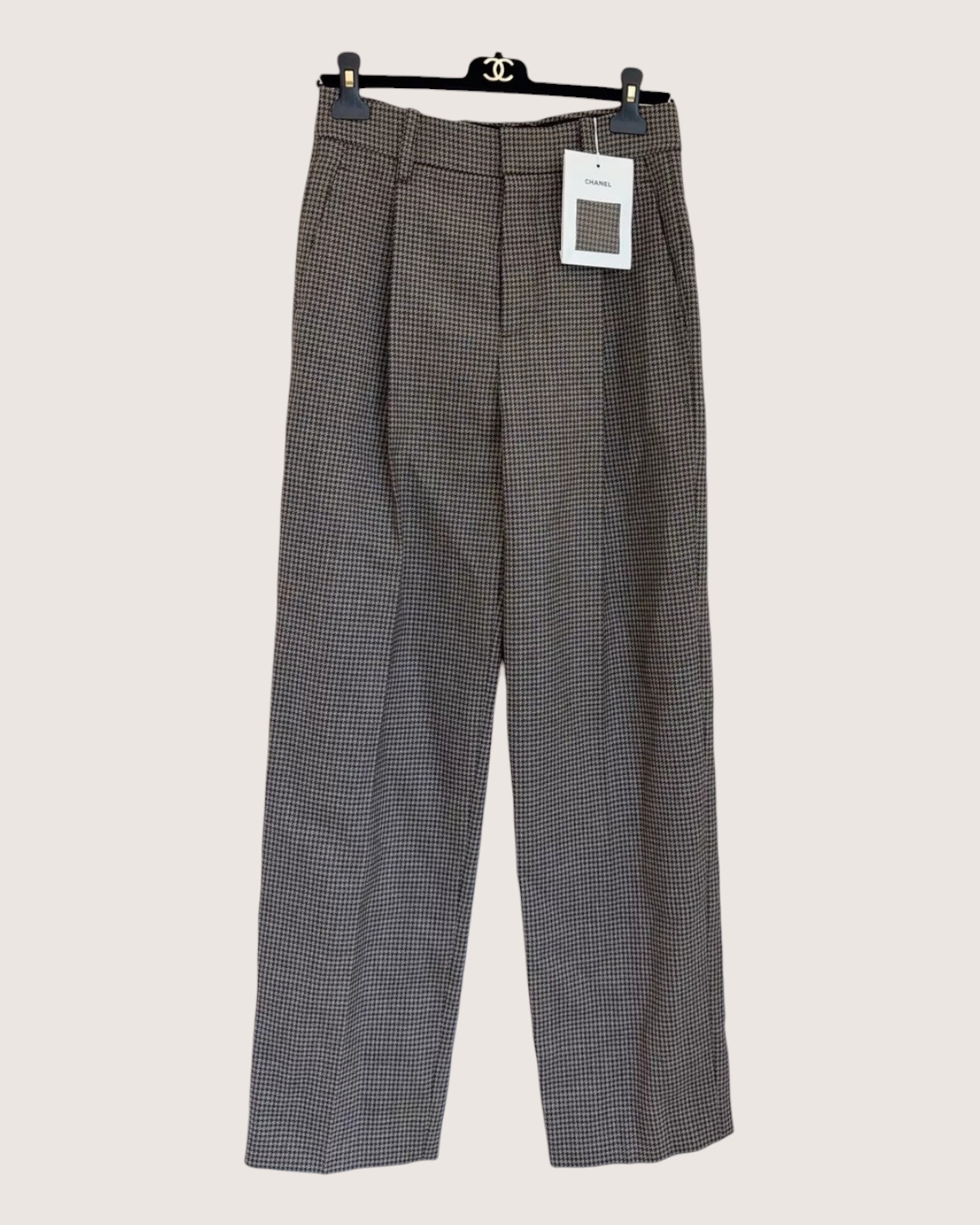 Chanel 26S Houndstooth Tweed Wide-Leg Trousers Brown, Beige/Ecru FR 34