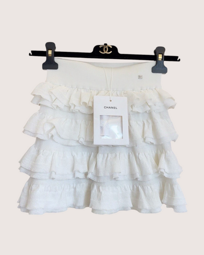 Chanel 24S Tiered Ruffle Mini Skirt White FR 34