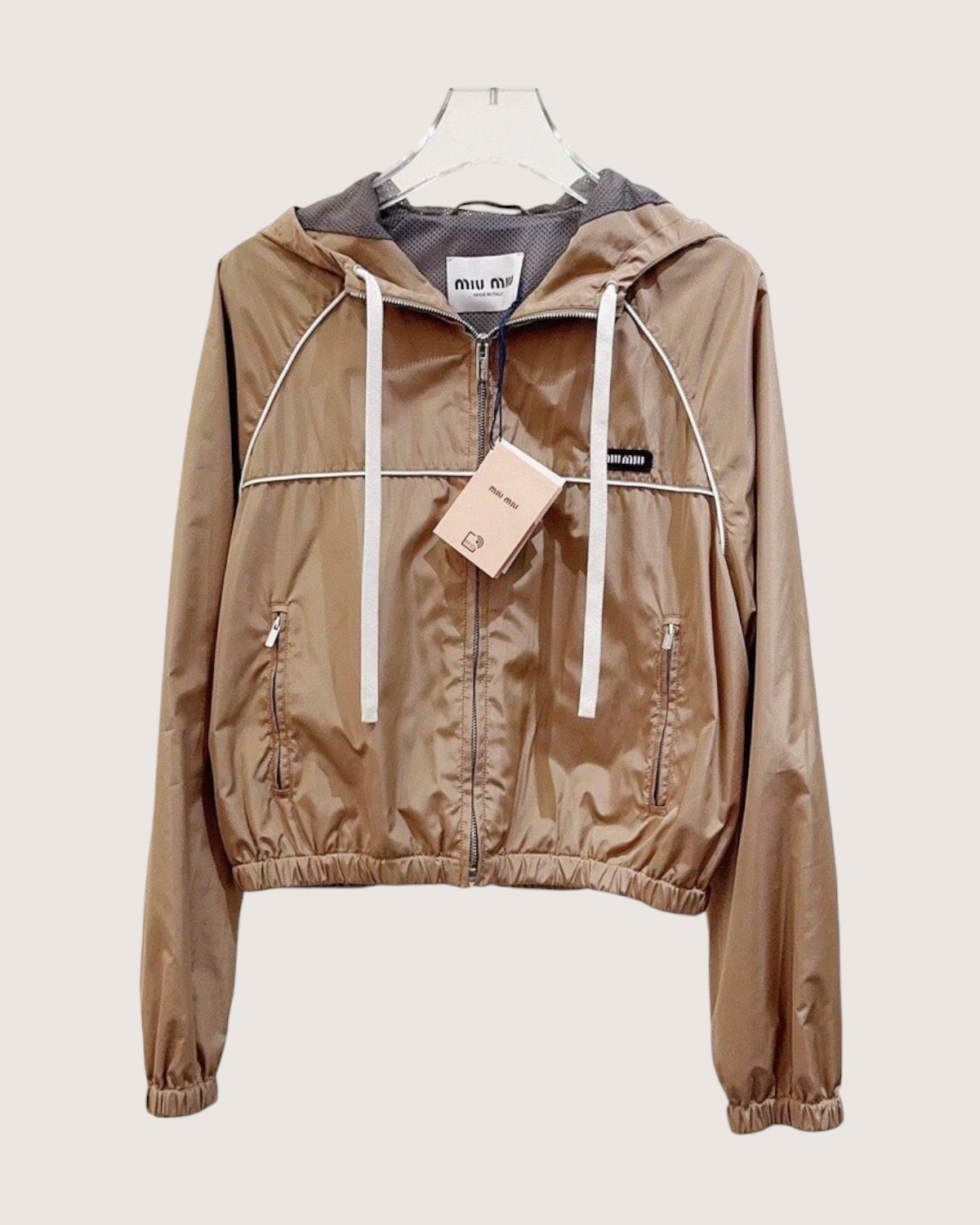 Miu Miu Hooded Windbreaker Jacket Beige/Ecru, White IT 42