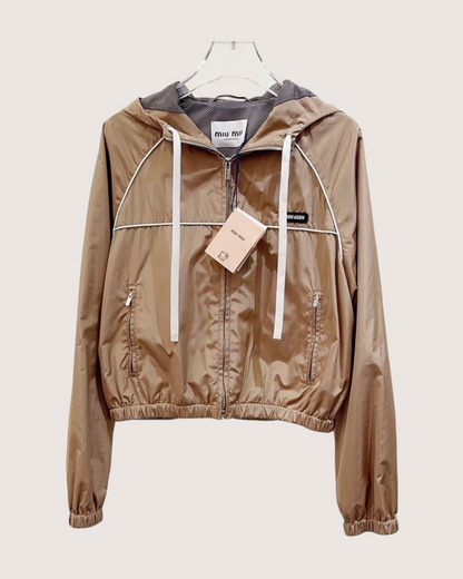 Miu Miu Hooded Windbreaker Jacket Beige/Ecru, White IT 42