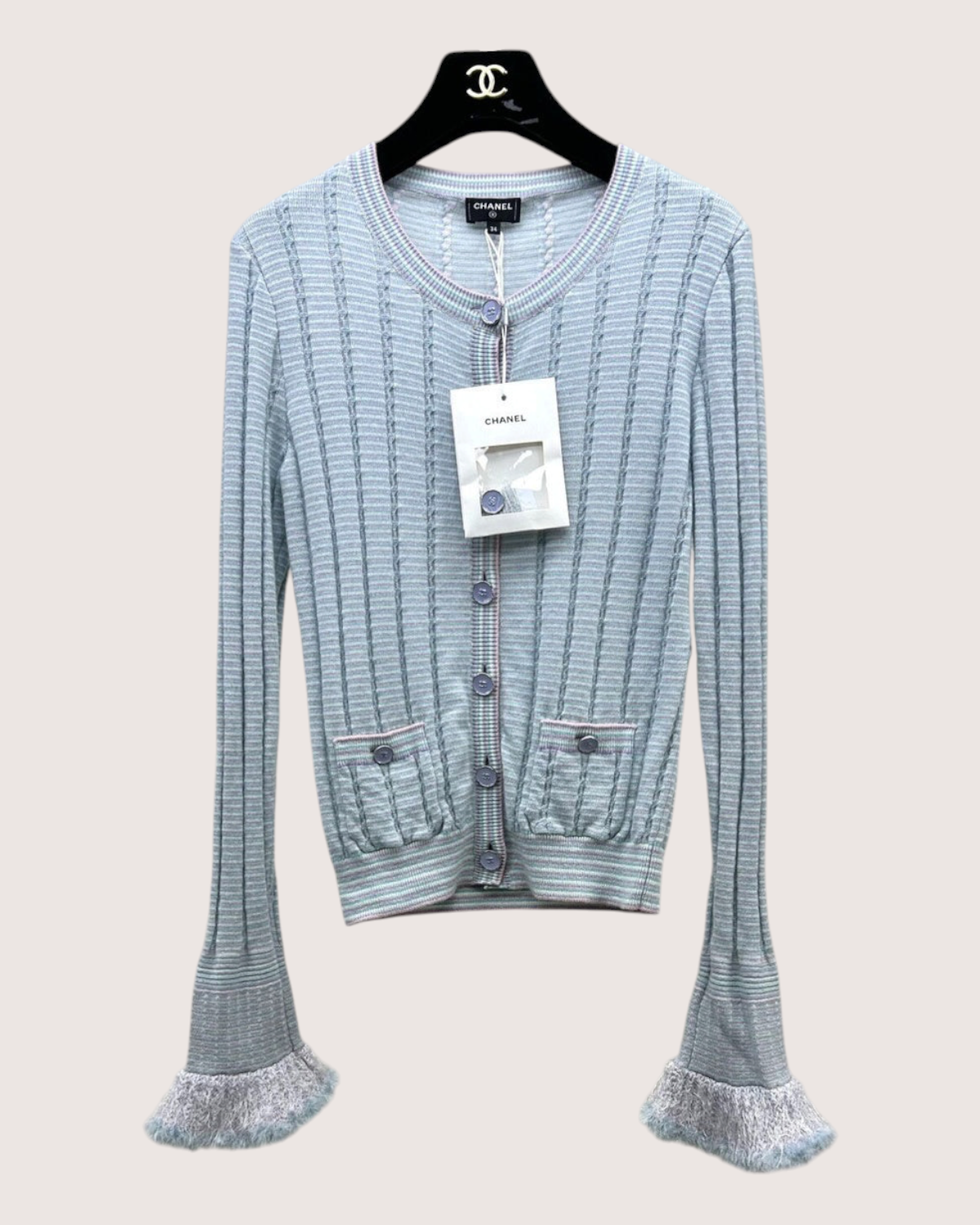 Chanel 25B Cashmere Striped Fringe-Cuff Cardigan Blue, White, Multicolor FR 34