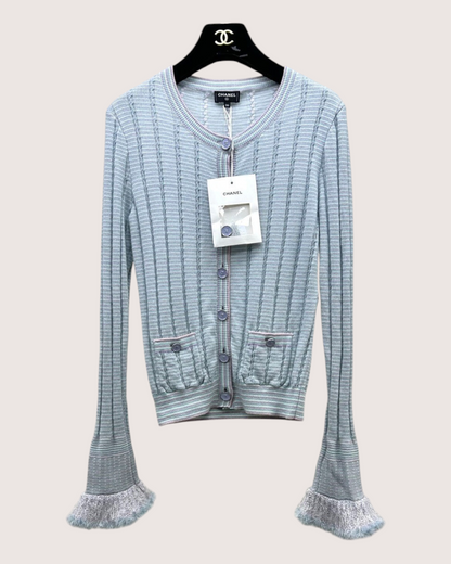Chanel 25B Cashmere Striped Fringe-Cuff Cardigan Blue, White, Multicolor FR 34