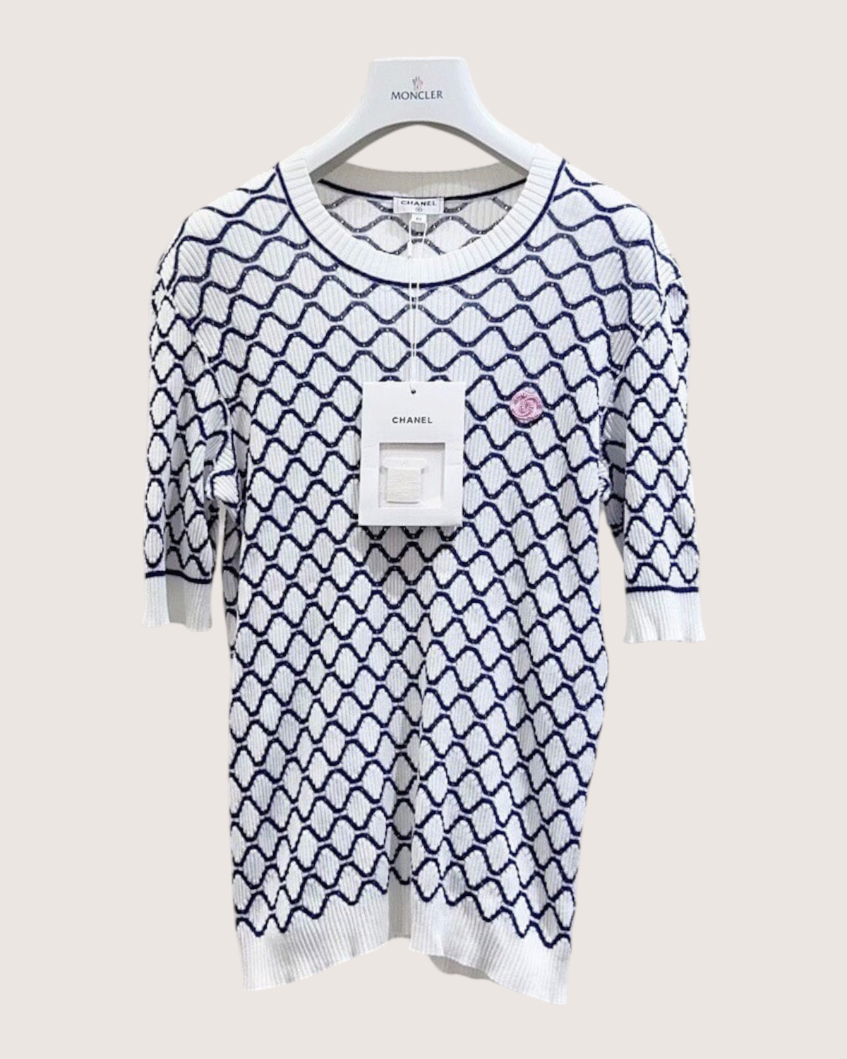Chanel 20P Honeycomb CC Short-Sleeve Sweater White, Navy, Pink FR 40