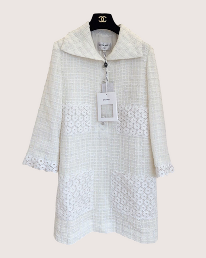 Chanel 21C Floral Lace Tweed Mini Dress White FR 36