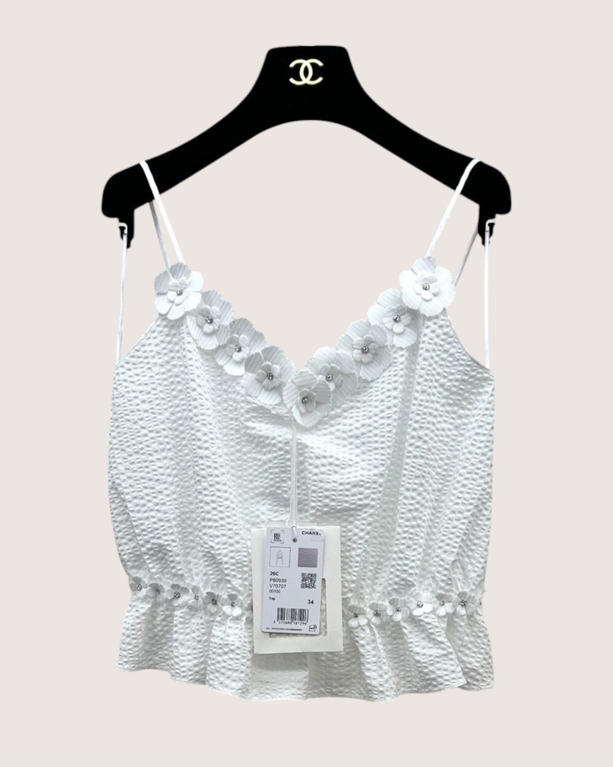 Chanel 26C Floral-Trim Peplum Camisole Top White FR 34