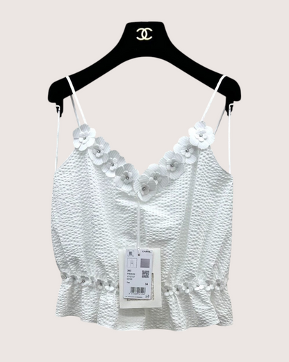 Chanel 26C Floral-Trim Peplum Camisole Top White FR 34