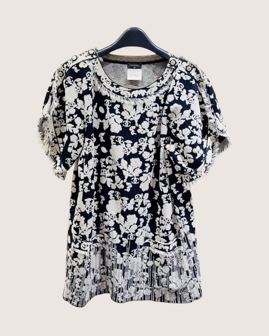 Chanel 14C Fringe Logo Tunic Black, Beige/Ecru FR 40