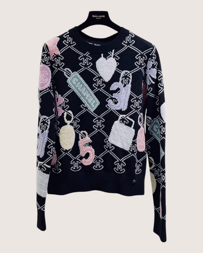 Chanel 22P Wool Charm Print Sweater Black, Pink, Multicolor FR 34
