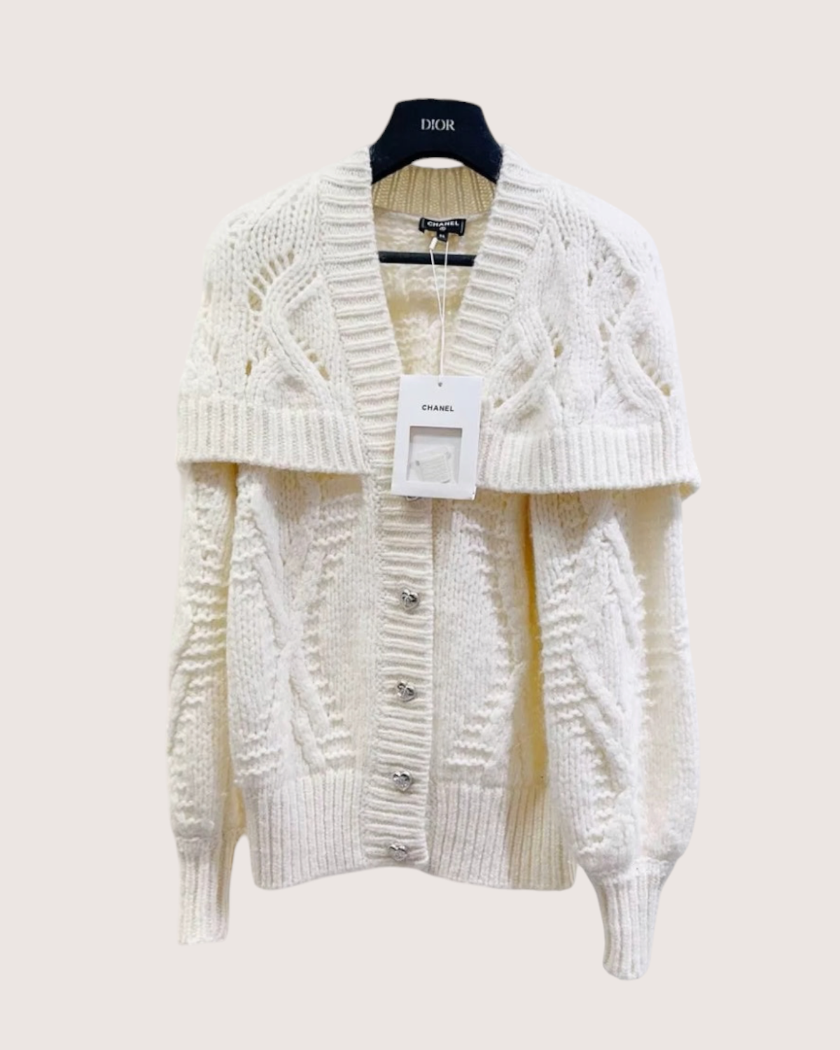 Chanel 21B Wool Cape-Collar Cable Cardigan Beige/Ecru FR 34
