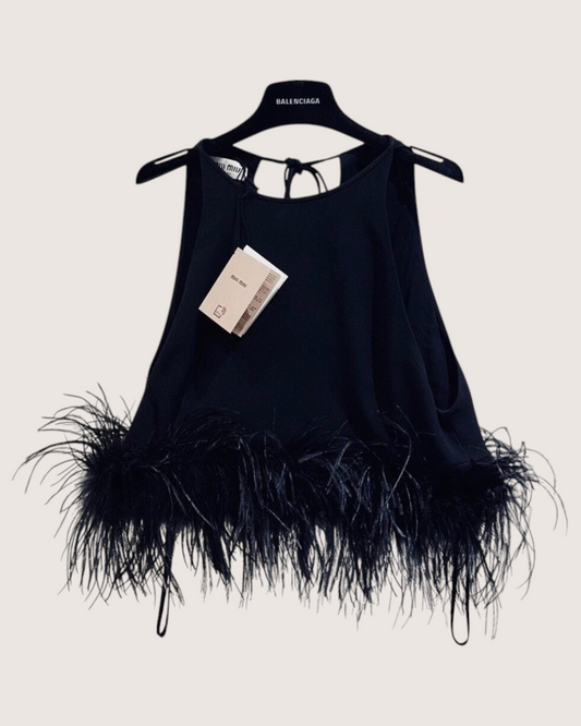 Miu Miu Feather-Trim Top Black FR 42