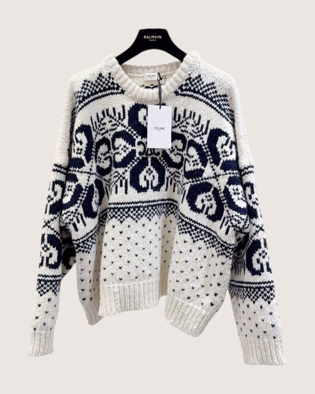 Celine Wool Fair Isle Sweater Beige/Ecru, Navy FR 38