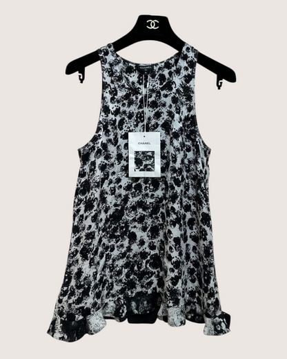Chanel 26P Floral Ruffle-Hem Mini Dress Black, White FR 36