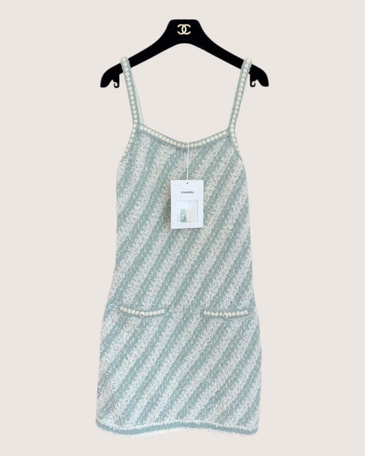 Chanel 23S Tweed Mini Dress Green, Beige/Ecru FR 34