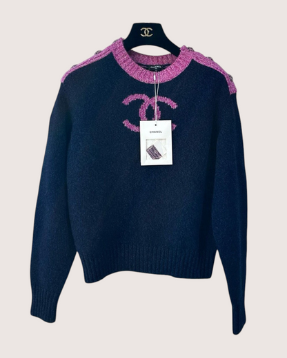 Chanel 22K Cashmere CC Logo Sweater Navy, Pink FR 34